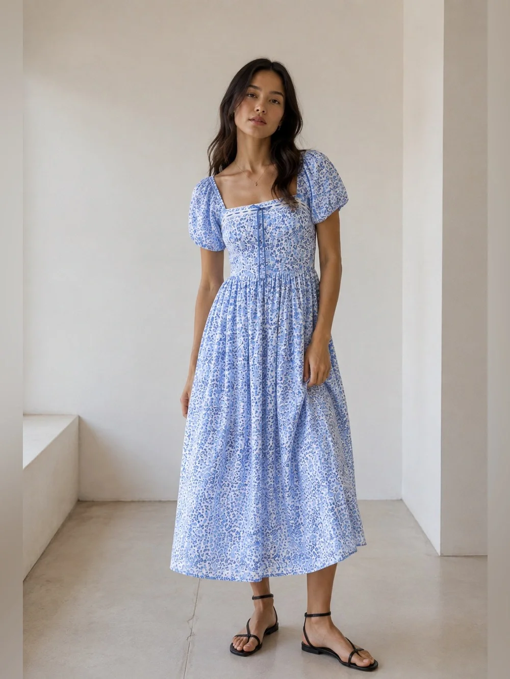 Abercrombie & Fitch Emerson Puff Sleeve Midi Dress Blue Floral